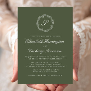 Invitation Olive Green Monogram Wreath White Script Mariage