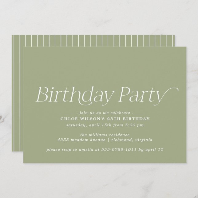 Invitation Olive Green | Simple Minimal N'Importe Quel Âge An (Devant / Derrière)