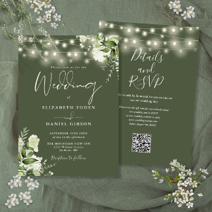 Invitation Olive Green String éclaire Floral QR Code Mariage