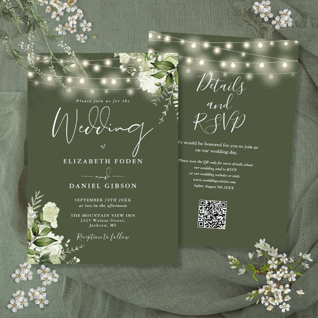 Invitation Olive Green String éclaire Floral QR Code Mariage (Olive Green String Lights Floral QR Code Wedding Invitation)