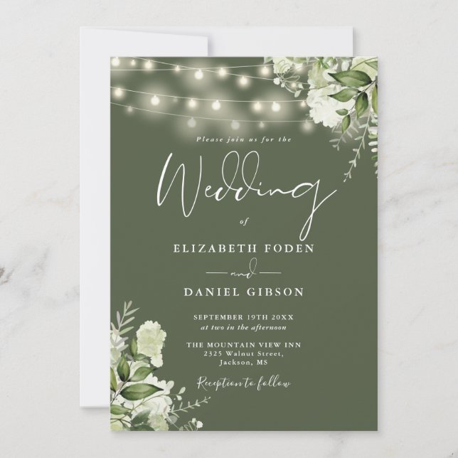 Invitation Olive Green String Lights Floral Monogramme Mariag (Devant)