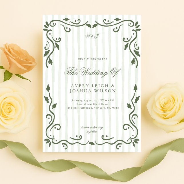 Invitation Olive Green Striped Classic Elegant Wedding  (Créateur téléchargé)