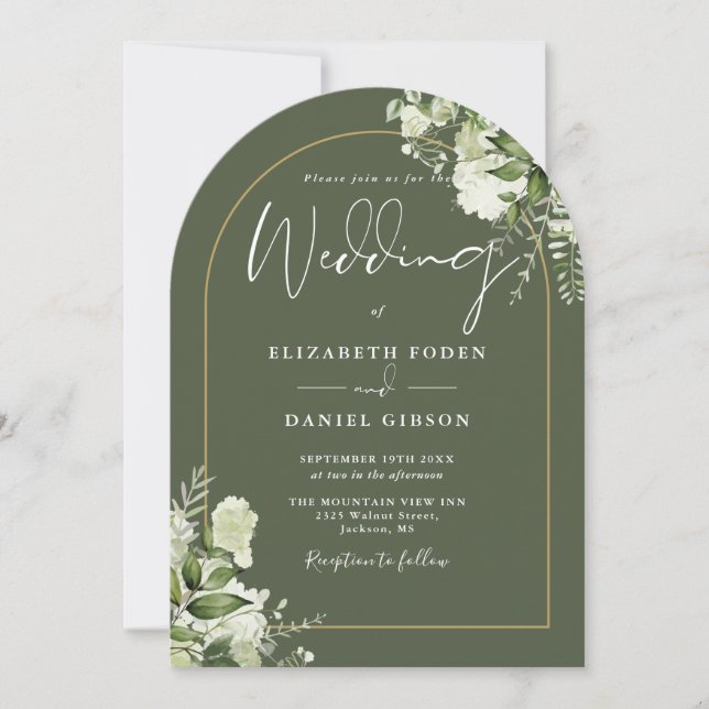 Invitation Olive Green Vert verdure Or Arc Monogramme Mariage (Devant)