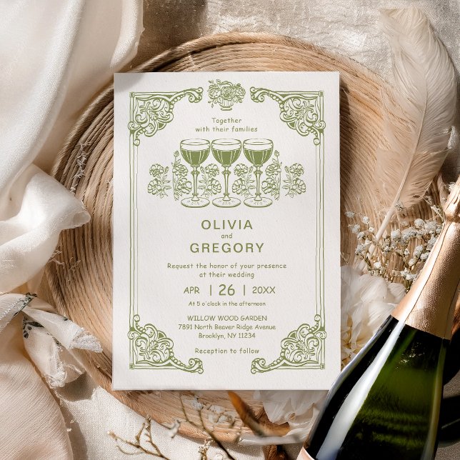 Invitation Olive Green Vintage Champagne Sparking mariage (Créateur téléchargé)