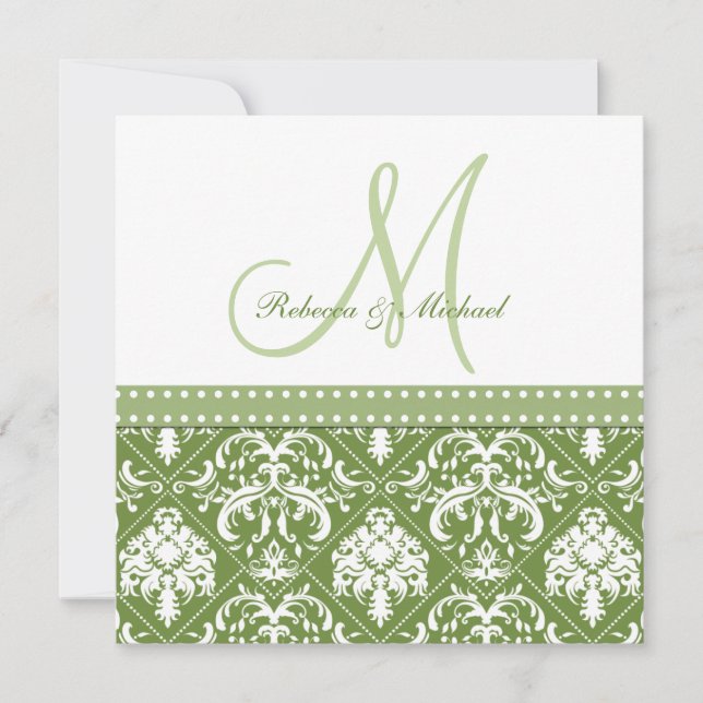 Invitation Olive Green & White vintage damas avec monogramme (Devant)