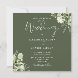 Invitation Olive Greenery Floral Monogramme Carré Mariage