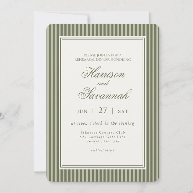 Invitation Olive Martini Striped Old Money Rehearsal Dinner (Devant)