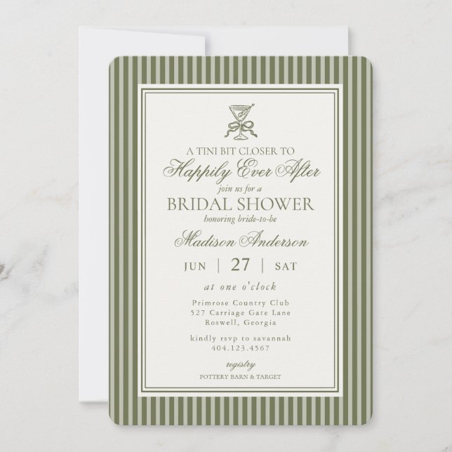 Invitation Olive Martini Tini Bit Closer Stripe Bridal Shower (Devant)