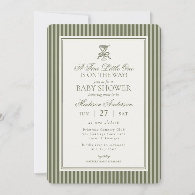 Invitation Olive Martini Tini Little One Striped Baby Shower (Devant)