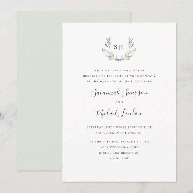 Invitation Olive peint et mariage de monogramme officiel feui (Devant / Derrière)