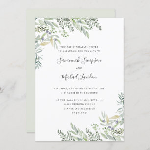 Invitation Olive peint et mariage feuille aquarelle