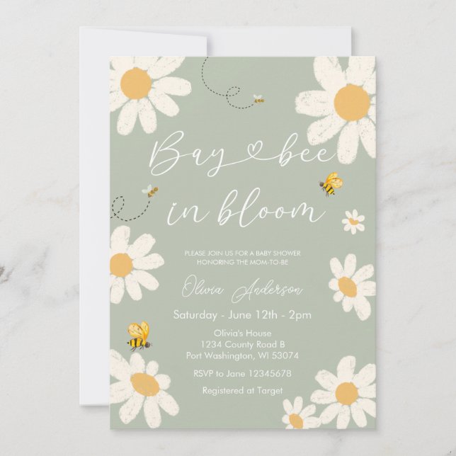 Invitation Olive Sage Daisy Retro Bay Bee Baby shower (Devant)
