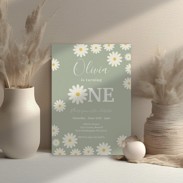 Invitation Olive Sage Retro Daisy Floral 1er anniversaire (Créateur téléchargé)