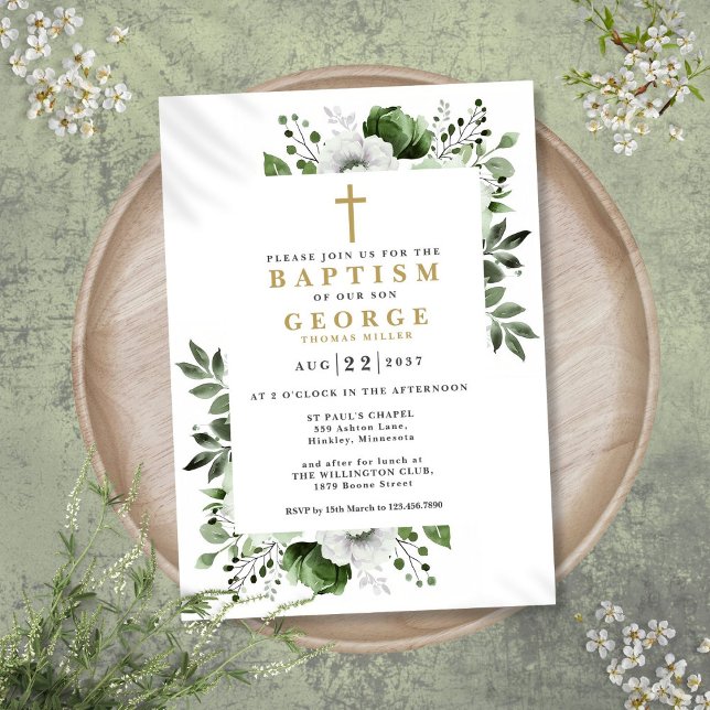 Invitation Olive Vert Floral Botanique Moderne Baptême (Olive Green Floral Botanical Modern Baptism Invitation)