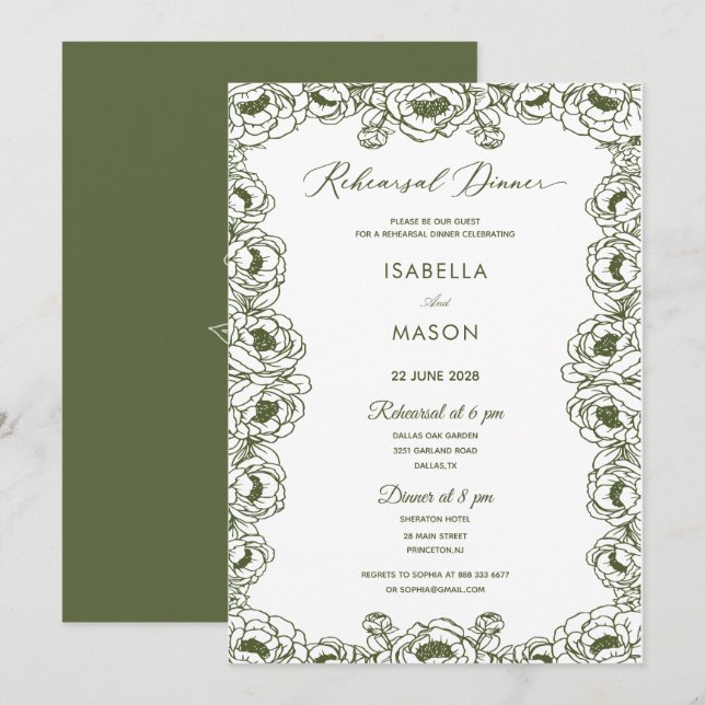 Invitation OLIVE VERT FLORAL classique simple  RÉPÉTITION  (Devant / Derrière)