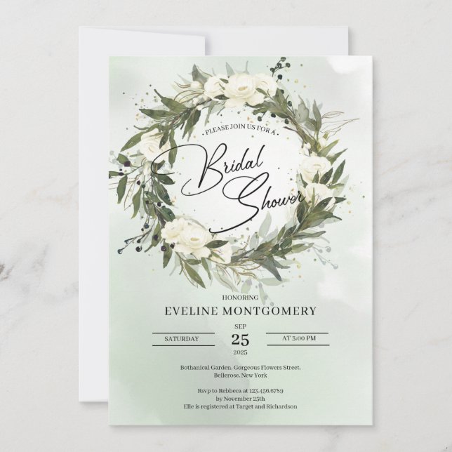 Invitation Olive wreath forest green feuilles blancs roses bo (Devant)