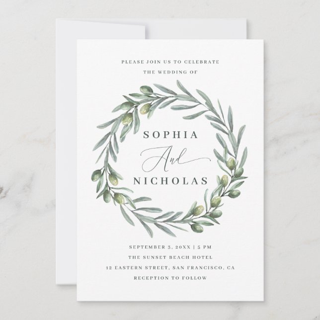 Invitation Olives. Mariage italien. Couronne de na (Devant)