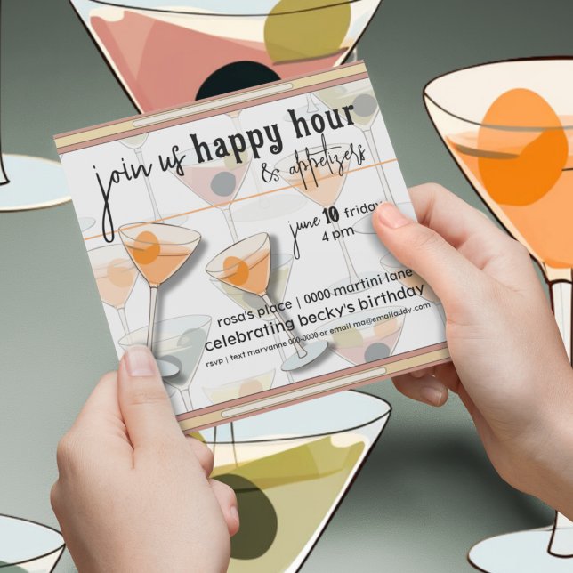 Invitation Olives modernes du milieu du siècle rétro et Marti (Retro inspired happy birthday and happy hour customizable party invitation with martinis. )
