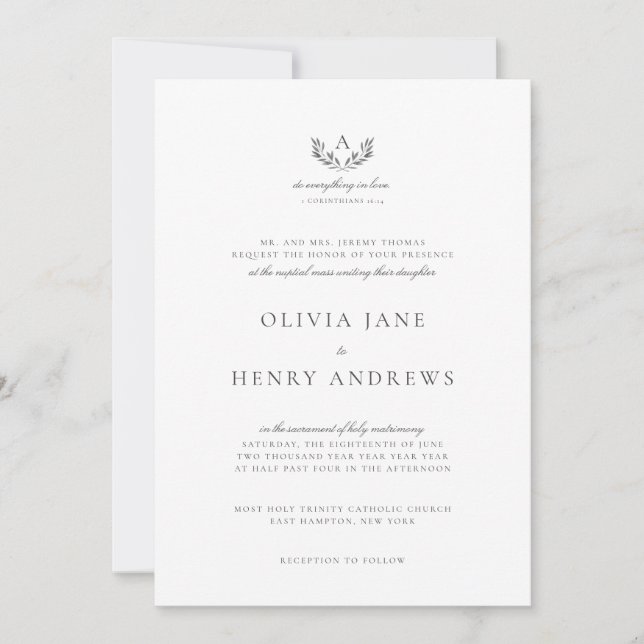 Invitation Olivia Classique Mariage Catholique Gris Monogramm (Devant)