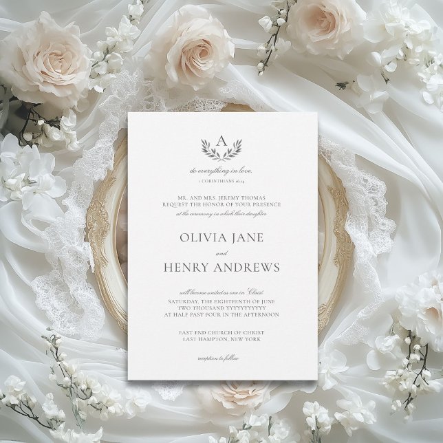 Invitation Olivia Elegant Grey Monogram Mariage chrétien (The Olivia elegant wedding invitation gives you that gorgeous, fine art wedding look for less.)
