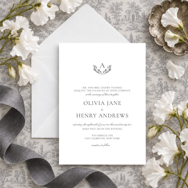 Invitation Olivia Élégant Simple Mariage Monogramme Gris (The Olivia wedding invitation features an elegant watercolor monogram for a fine art aesthetic)