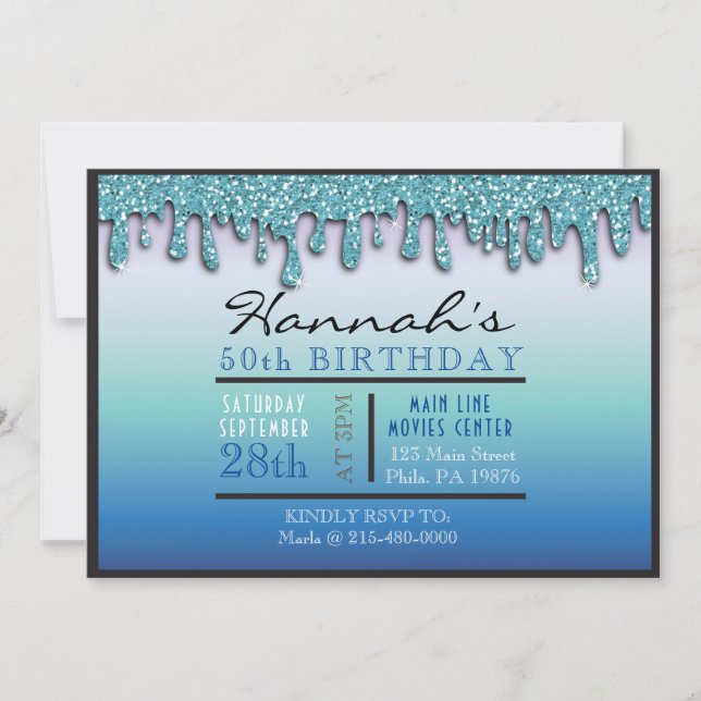 Invitation Ombre Aqua Sparkle Drippy 50e fête d'anniversaire (Devant)