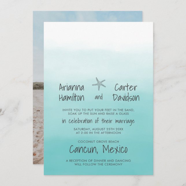 Invitation Ombre Beach Destination Ocean Starfish Mariage (Devant / Derrière)