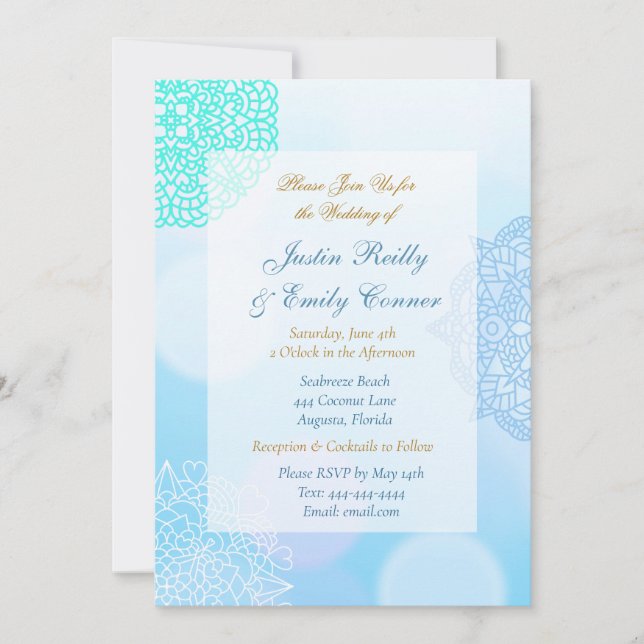 Invitation Ombre bleu, Turquoise et blanc Mandala Elégant mar (Devant)