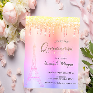 Invitation Ombre Drips, Tour Eiffel Quinceañera