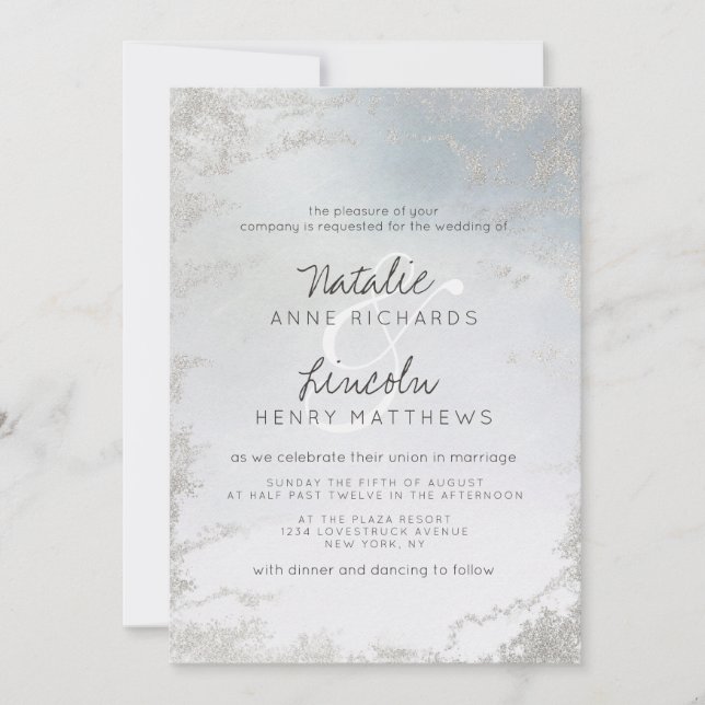 Invitation Ombre Dusty Blue Frosted Silver Mariage moderne (Devant)