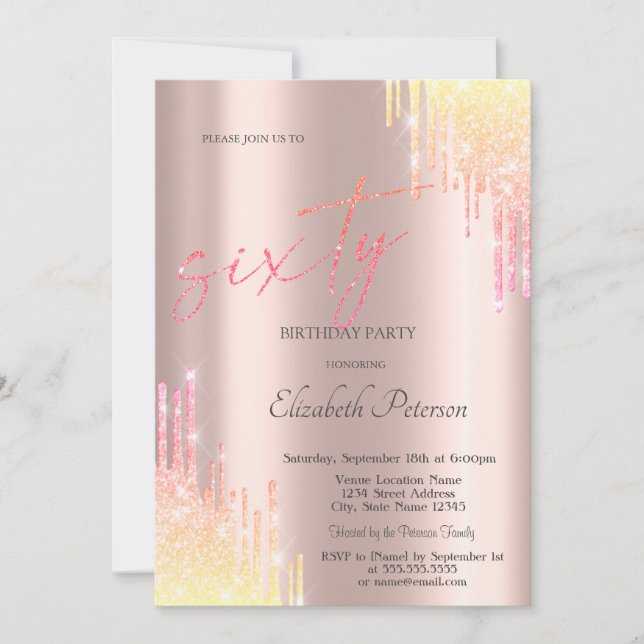 Invitation Ombre Glitter Drips Rose Gold 60e Anniversaire (Devant)