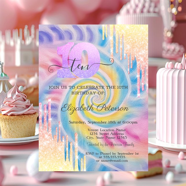 Invitation Ombre Glitter Drips Tie Dye 10e Anniversaire  (Créateur téléchargé)