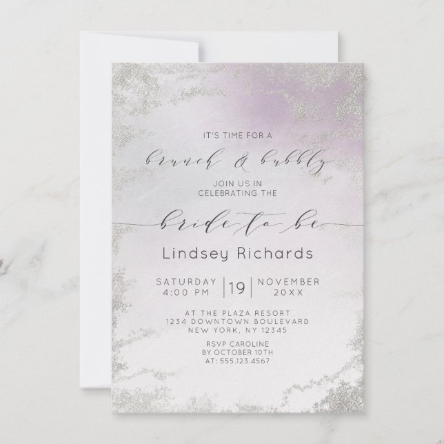 Invitation Ombre Lumière Purple Argent Brunch & Douche Bubbly (Devant)