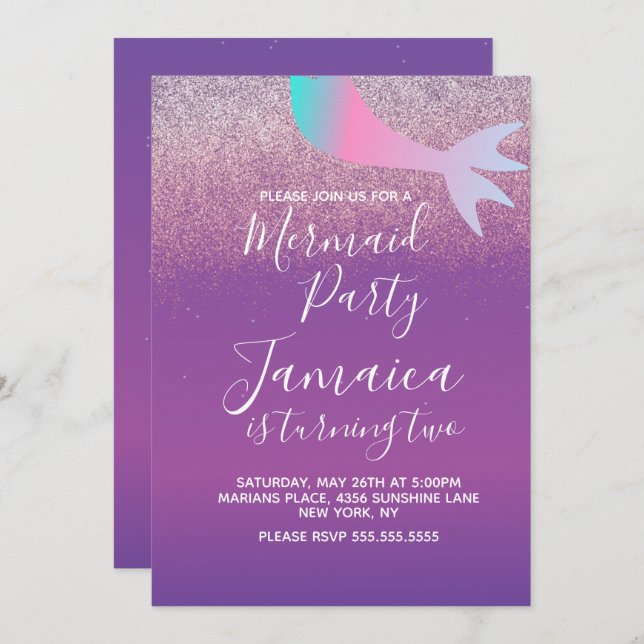 Invitation Ombré Mermaid Faux Parties scintillant fête d'anni (Devant / Derrière)