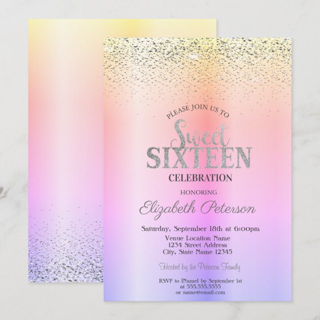 Invitation Ombre Moderne Élégant, Confettis Sweet 16 (Devant / Derrière)