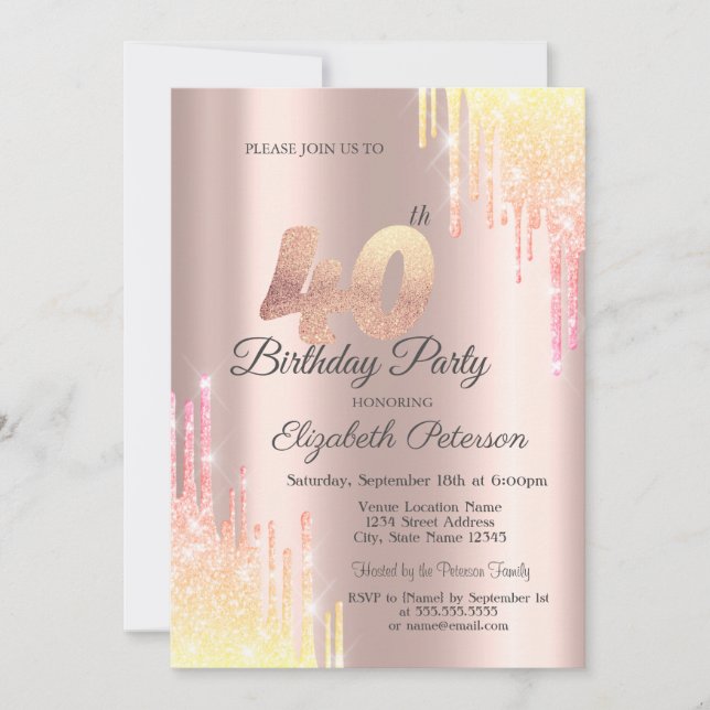 Invitation Ombre Parties scintillant Drips Rose Gold 40th Bir (Devant)
