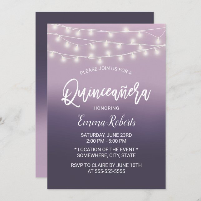 Invitation Ombre Quinceanera violet moderne 15 Anniversaire (Devant / Derrière)