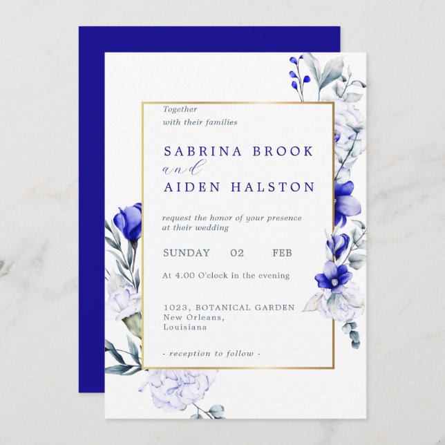 Invitation Ombre Royal Blue Ivory Floral Mariage (Devant / Derrière)