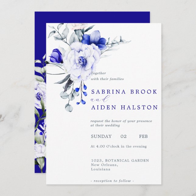 Invitation Ombre Royal Blue Ivory Floral Mariage (Devant / Derrière)
