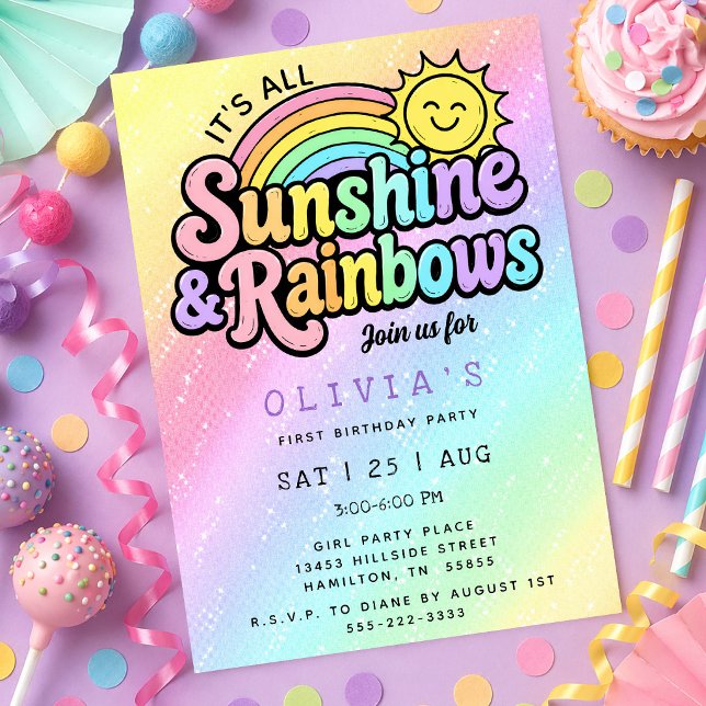 Invitation Ombre Sunshine & Rainbows Première Fête d'Annivers (Ombre Sunshine & Rainbows First Birthday Party Invitation)