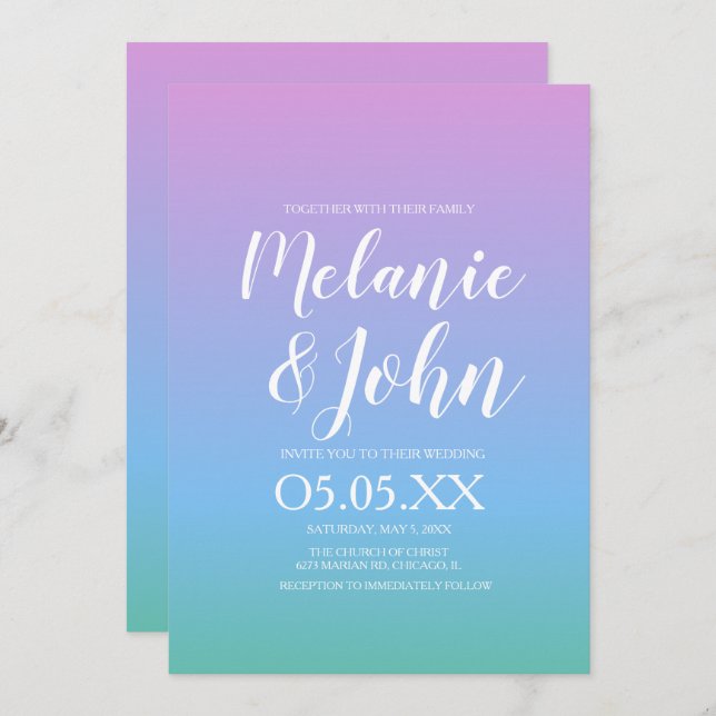 Invitation Ombre Tone arc-en-ciel doux violet bleu Mariage ve (Devant / Derrière)