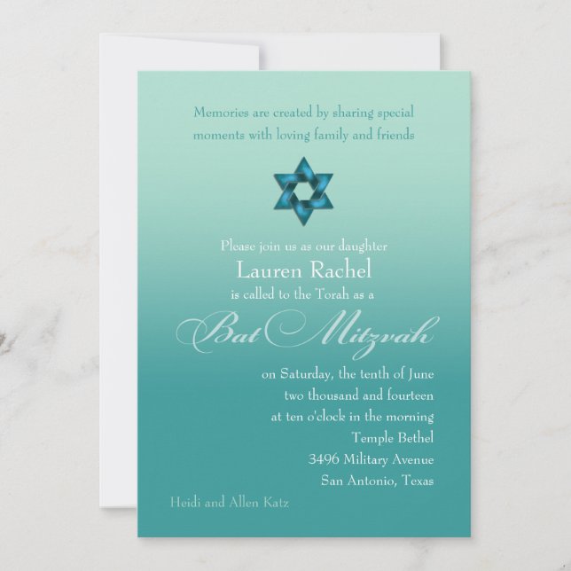 Invitation Ombre Turquoise bat mitzvah avec étoile (Devant)