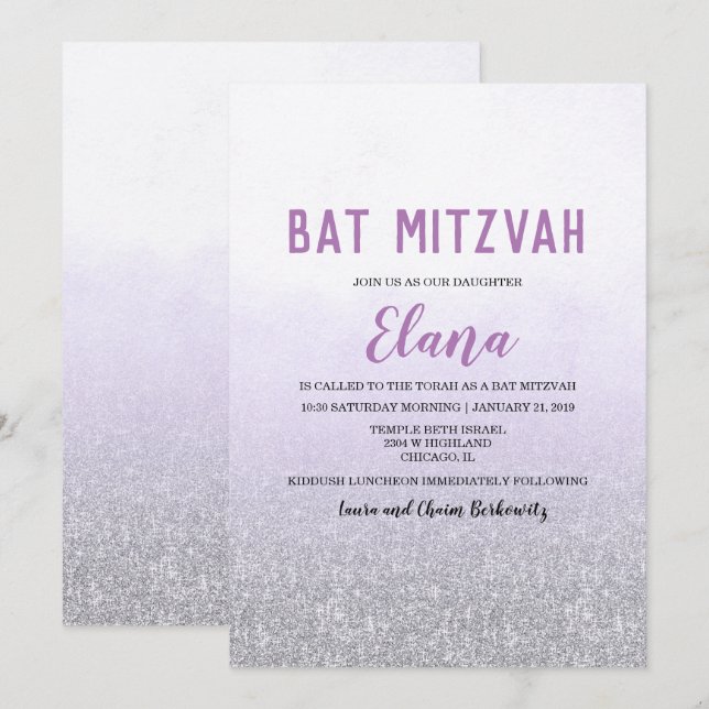 Invitation ombrée lavande pour Bat Mitzvah (Devant / Derrière)