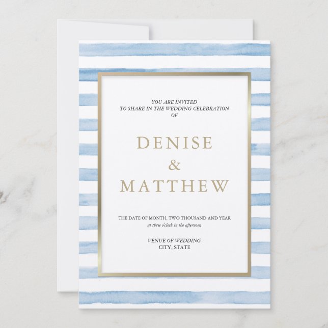 Invitation Omphalodes Aquarelle Bleue Rayure & Lettre Dorée (Devant)