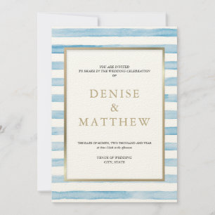 Invitation Omphalodes Aquarelle Bleue Rayure & Lettre Dorée