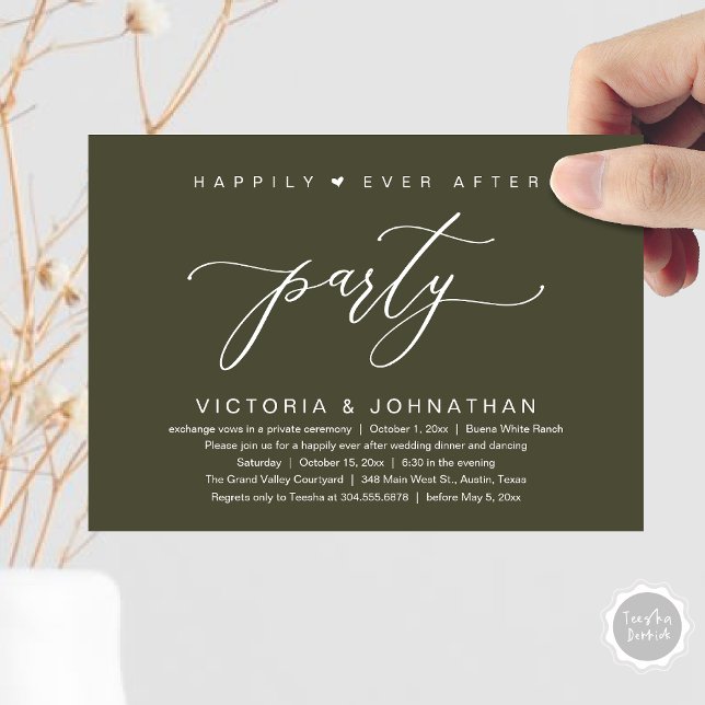 Invitation On A Fait Le Knot, Mariage Elopement Dinner Party (Happily Ever After Party Wedding Elopement Dinner Invitation Card PDF Romantic Olive Green)