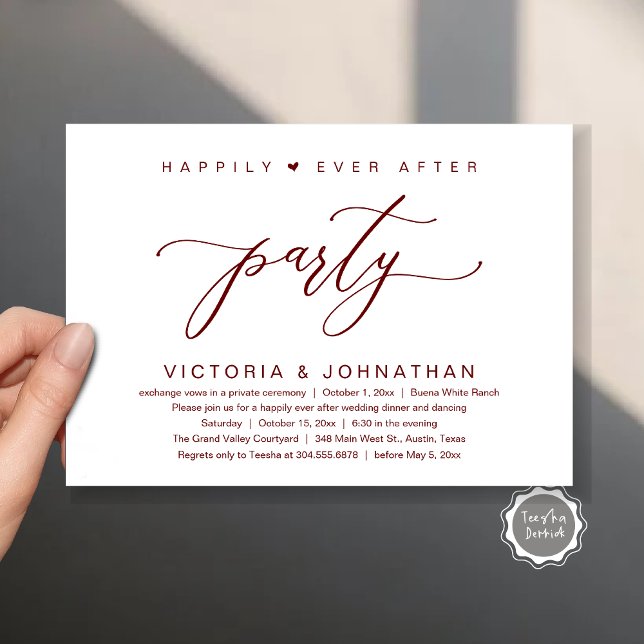 Invitation On A Fait Le Knot, Mariage Elopement Dinner Party (Happily Ever After Party Wedding Elopement Dinner Invitation Card PDF Romantic Burgundy Wine Red)