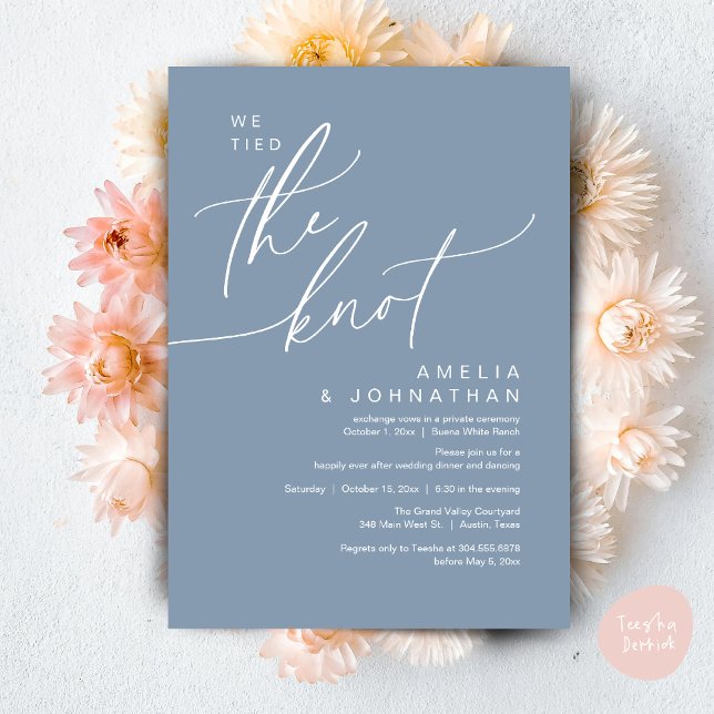 Invitation On a noué le noeud, Romantic Mariage Dinner Party (We tied the knot, Romantic Wedding Dinner Lunch Brunch Party Reception Invites Card PDF Dusty Blue)