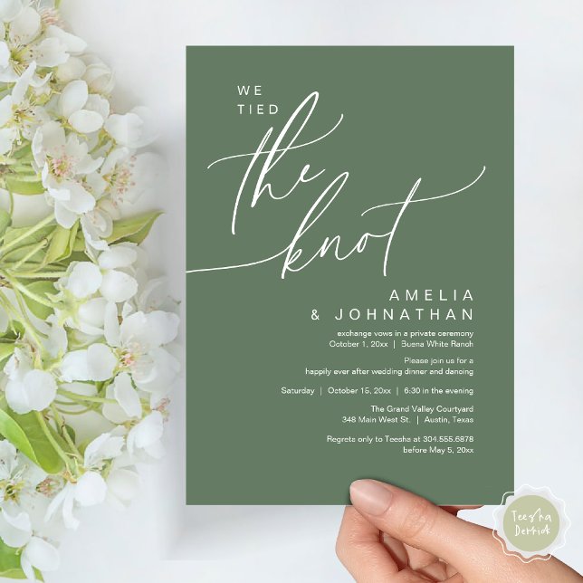 Invitation On a noué le noeud, Romantic Mariage Dinner Party (We tied the knot, Romantic Wedding Dinner Lunch Brunch Party Reception Invites Card PDF Sage Green)