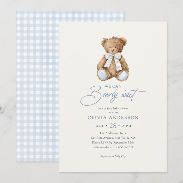 Invitation On Attend avec Impatience Fête de Bébé Ourson (Devant / Derrière)